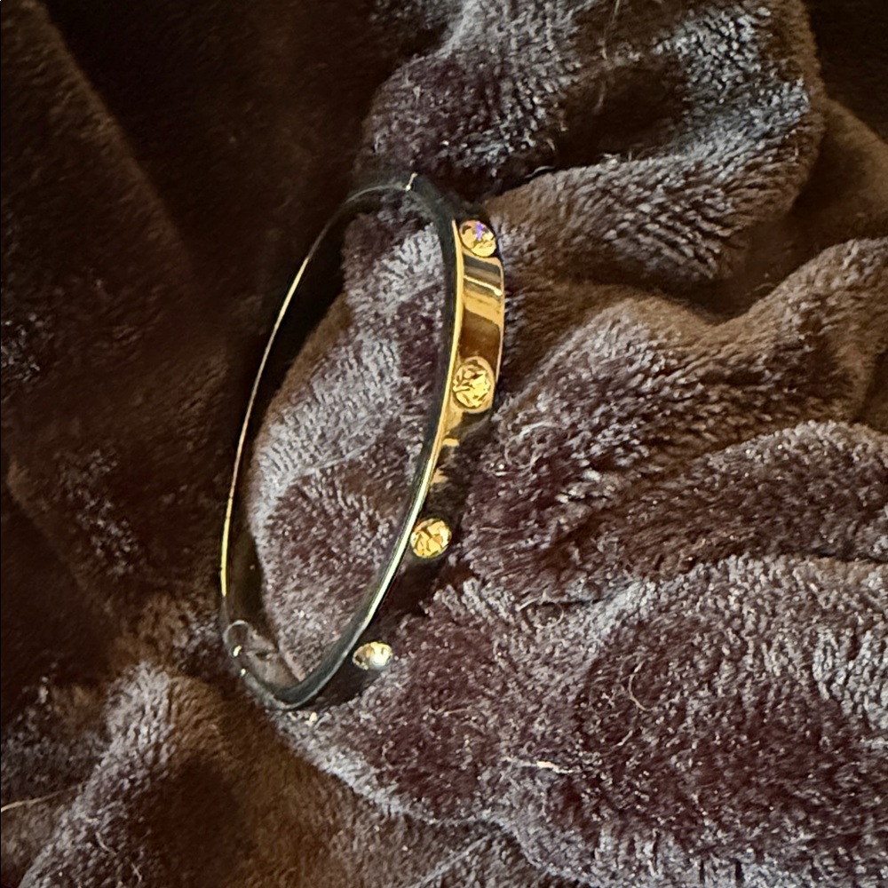 Park Lane Gold Floral Accent Hinged Bracelet with Clear Stones